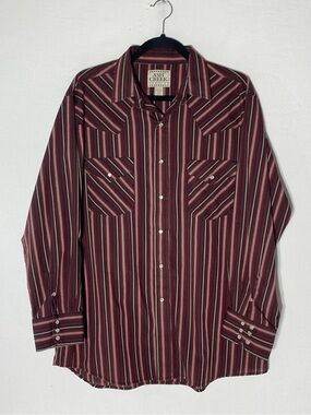 Vintage Ash Creek Trading Burgundy Striped Long Sleeve Pearl Snap Shirt L